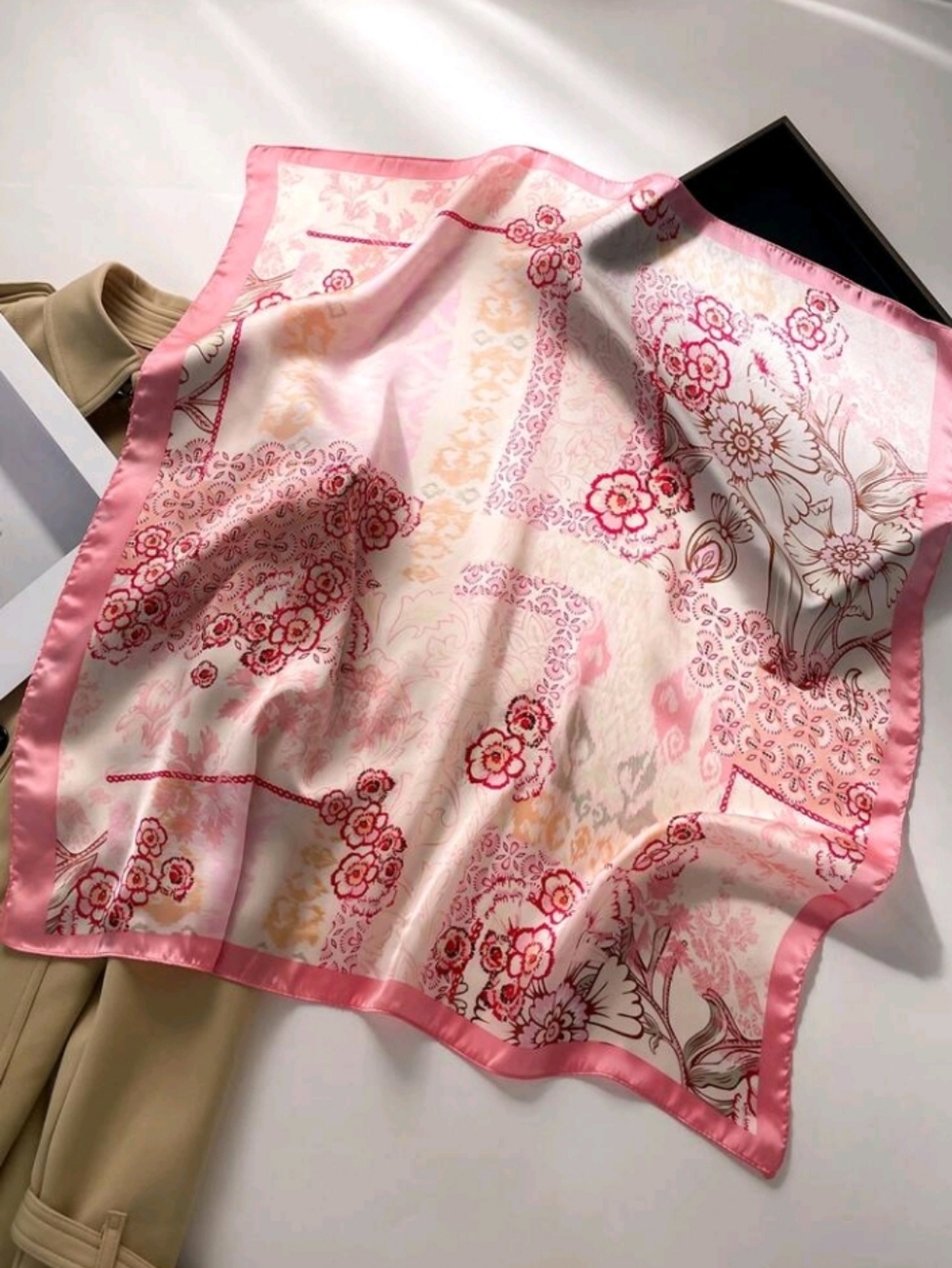 Pink Floral Satin Scarf Summer Vacation Travel Beach Accessory